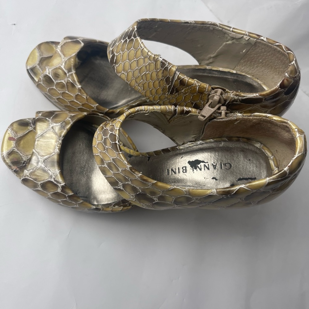 GIANNI BINI heels 6M, side zipper peep toe bronze/cream python print pattern - Picture 6 of 10